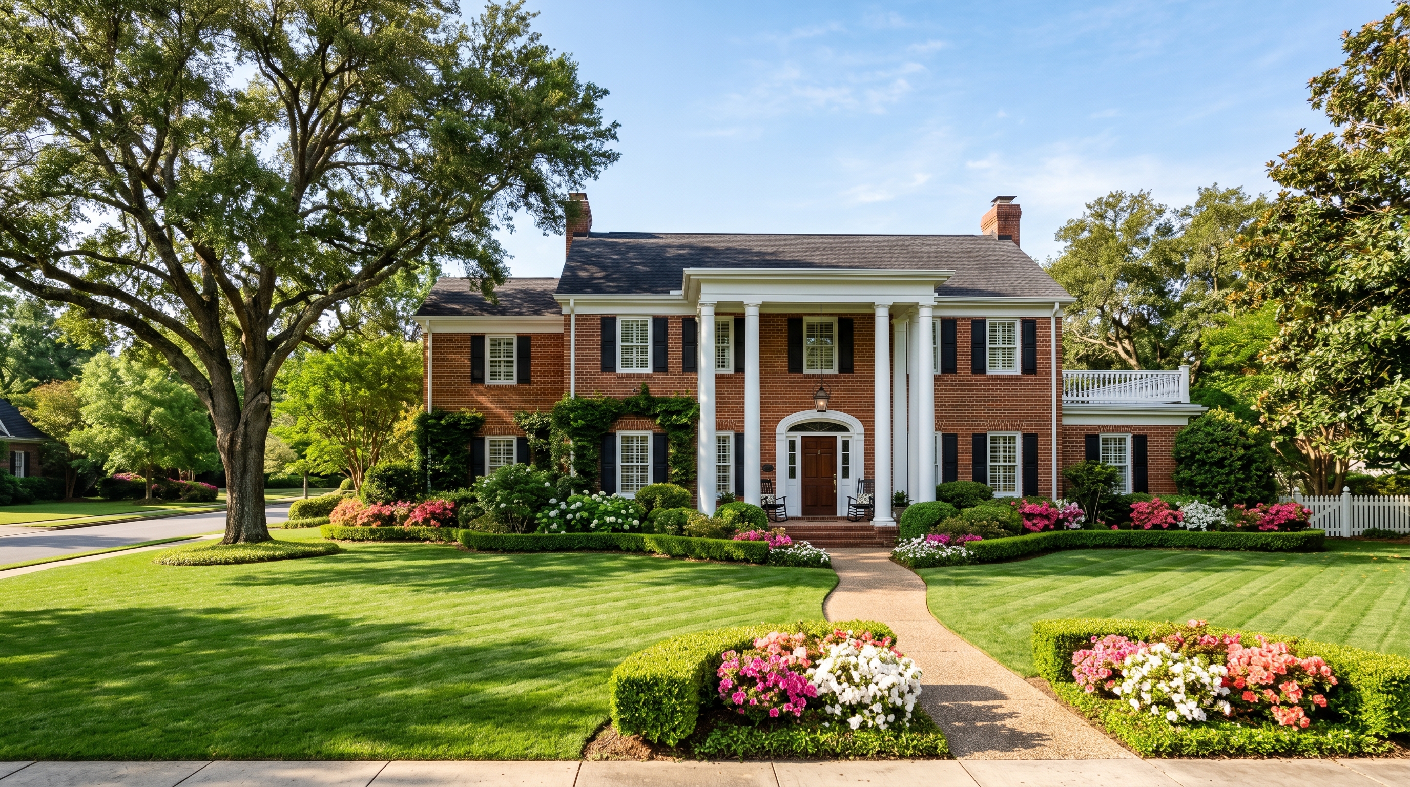 A traditional red-brick Southern home in Athens, Georgia with a pristine, freshly manicured front lawn