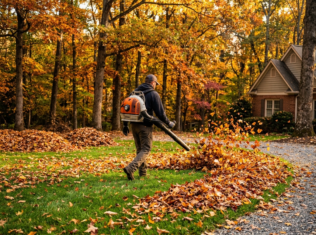 Autumn leaves being raked and cleared during a seasonal property cleanup