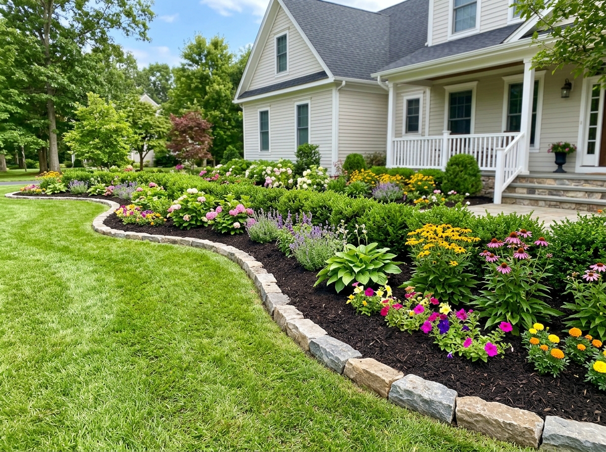 Freshly planted landscape beds with mulch and shrubs framing a home