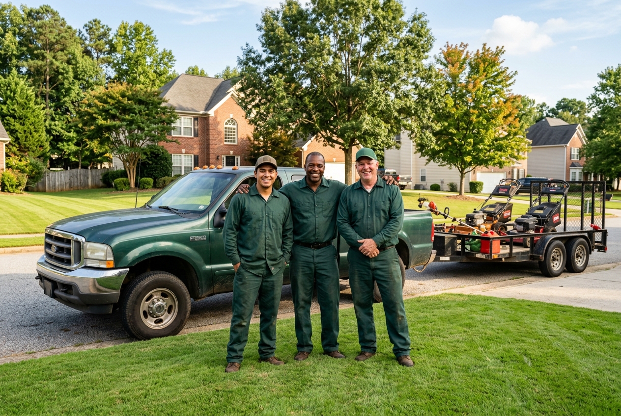 The Athens Landscaping crew standing together with their lawn care equipment